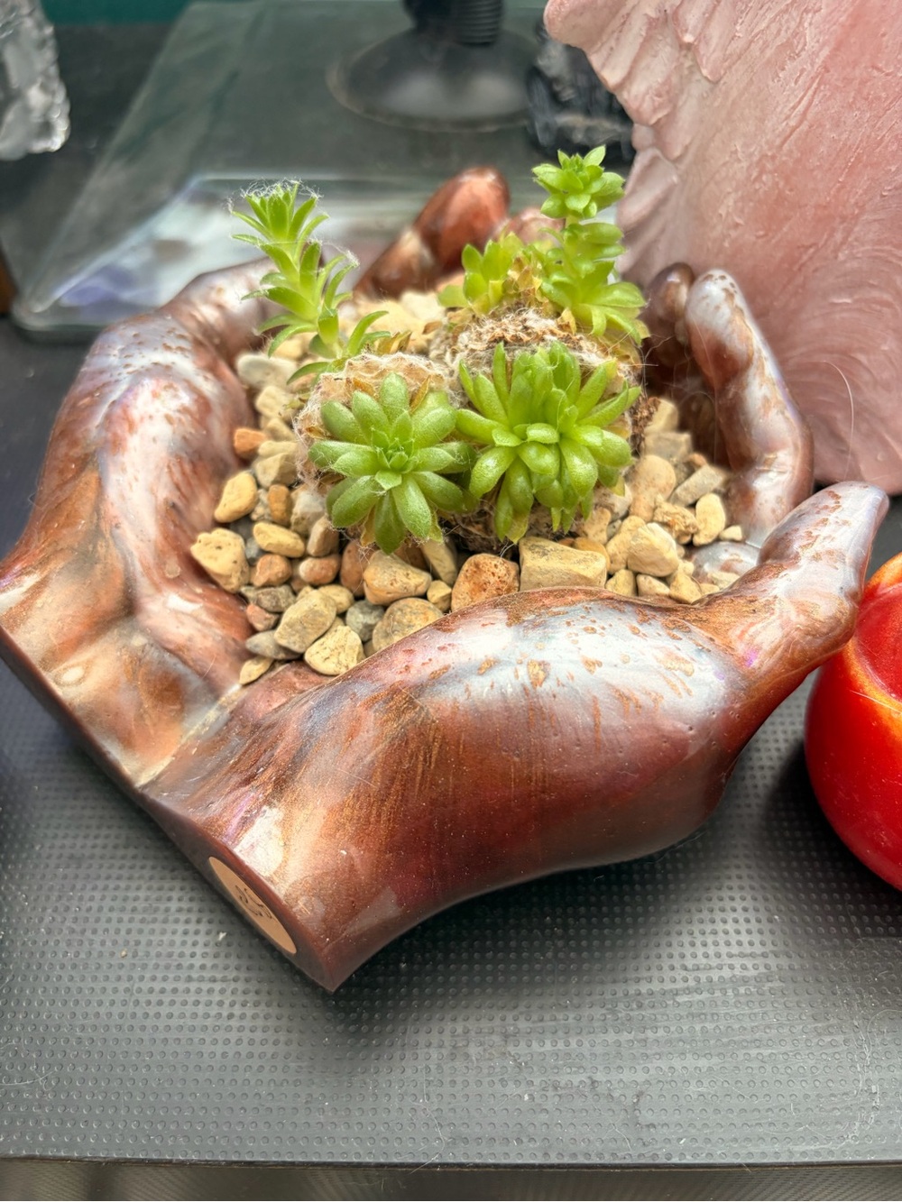 Handmade resin Hands Planter- silver and orange